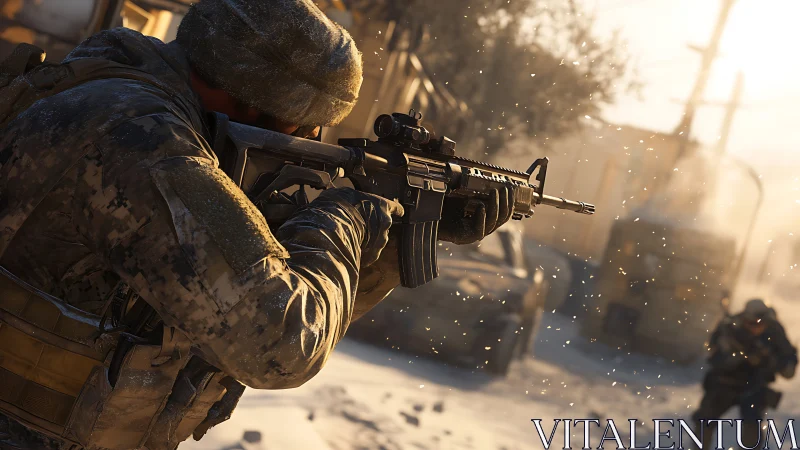 Military shooter character aiming rifle in snowy street scene.