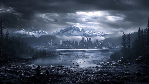 Stormy mountain city skyline reflected in cold tidal bay