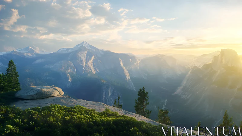 Sunlit alpine peaks rise over a tranquil evergreen valley