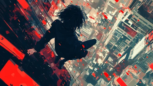 Cyberpunk freerunner perched above chaotic neon cityscape.