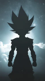 Backlit anime warrior silhouette confronts luminous storm sky