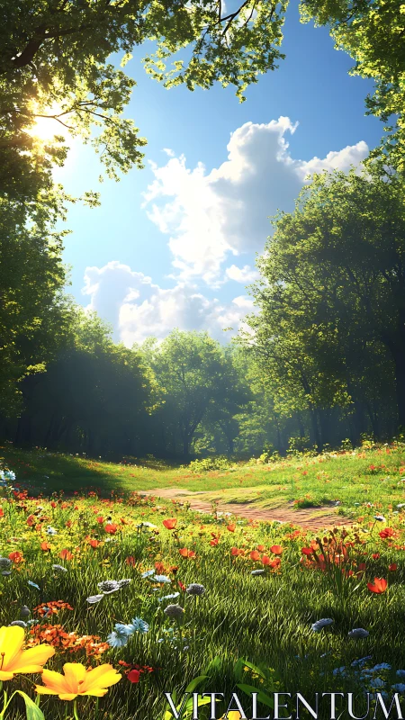 Sunlit forest path wandering through wildflower meadow.