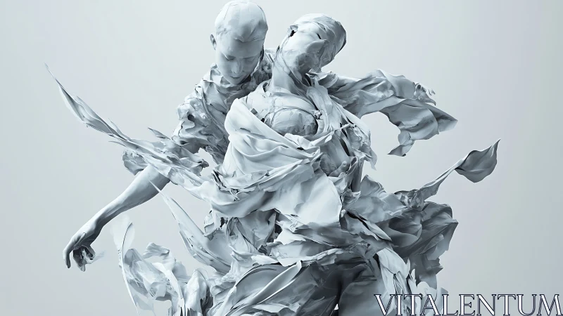 Abstract dancers emerge from swirling sculpted fabric forms