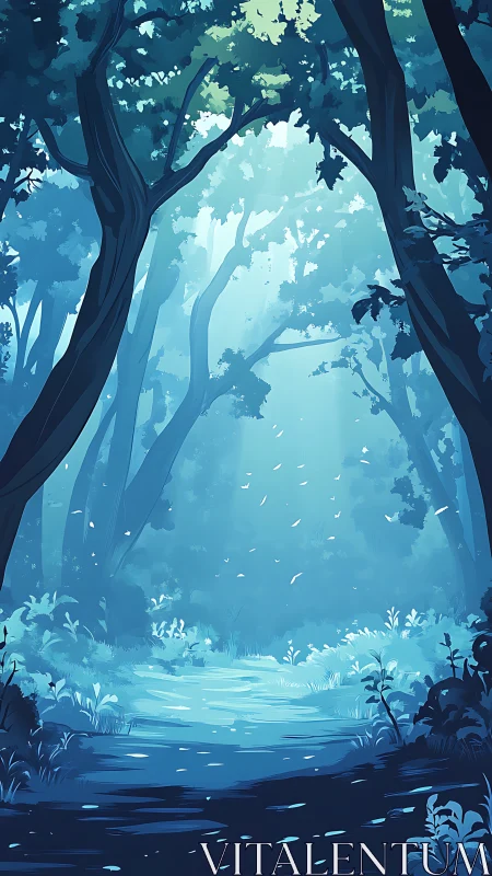 Forest corridor with stream under layered canopy