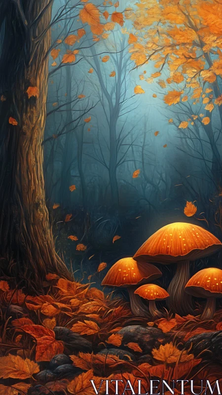 Glowing forest mushrooms warm a misty autumn twilight grove