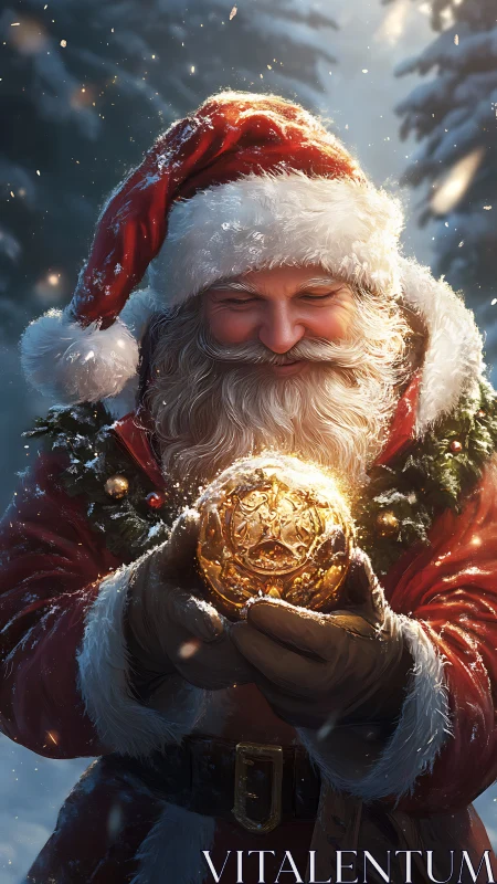 Luminous winter Santa holding ornate gilded orb artifact.