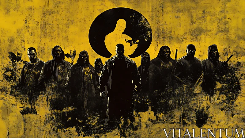 Silhouetted street gang stands under bold circular emblem