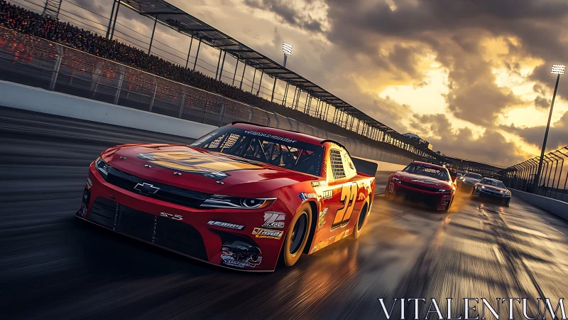 Red stock car leads multi-car race on wet track at dusk