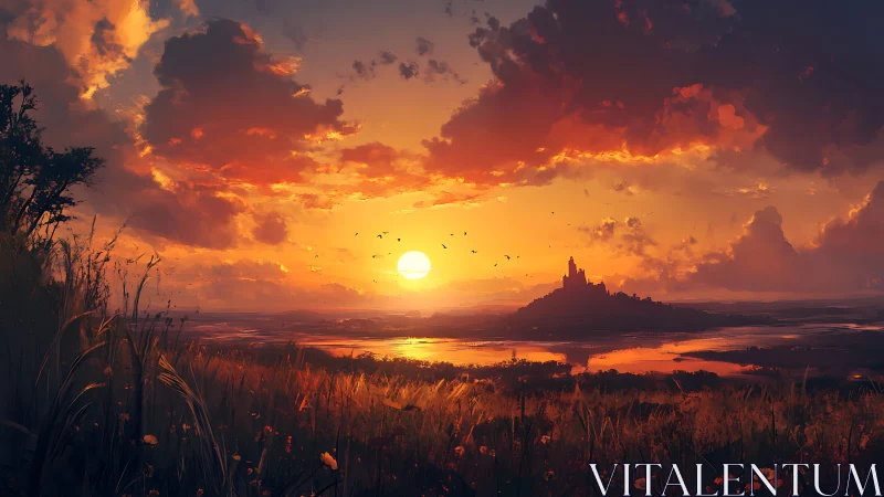 Sunset kingdom overlooks glowing river wetlands horizon.