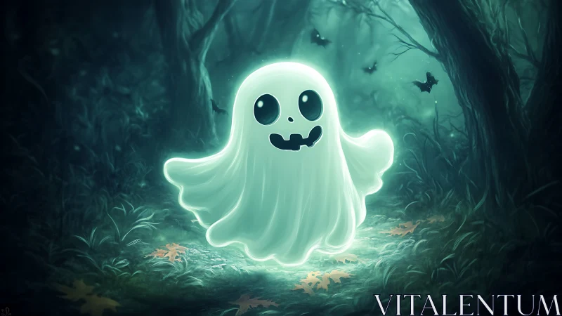 Glowing cute ghost drifts through an enchanting moonlit forest