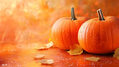 Macro close-up of dewy pumpkins on reflective autumn surface