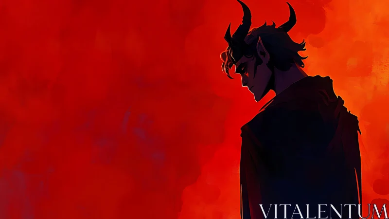 Brooding horned figure glows against a vivid red dusk sky