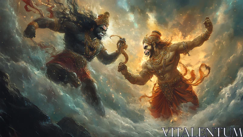 Mythic warrior duel ignites stormy celestial battlefield