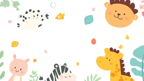 Playful pastel safari animals in minimalist vector frame.