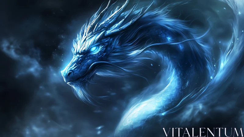 Moonlit blue dragon glides through swirling cosmic mist