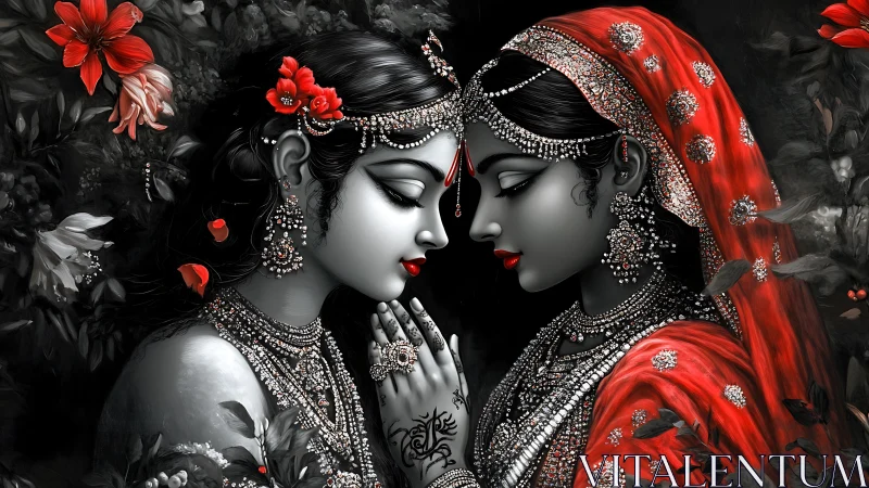 Divine Love in Monochrome: Ornate Couple with Scarlet Silk