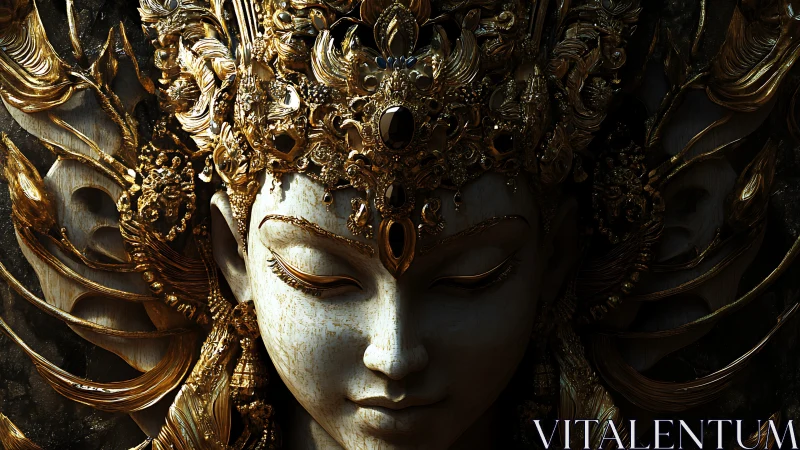 Gilded ornamental deity mask with intricate layered headdress.