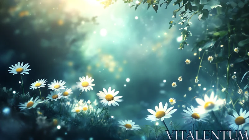 Digital daisy field composition with turquoise atmospheric lighting