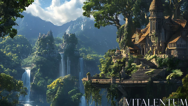 Sunlit cliffside sanctuary in a lush cascading valley.