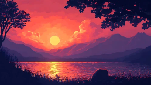 Pixelated mountain lake sunset with silhouetted trees.
