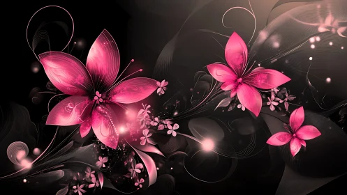 Luminescent Pink Flowers on Black Background.