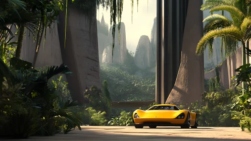 Golden sports car rests calmly in a lush futuristic canyon