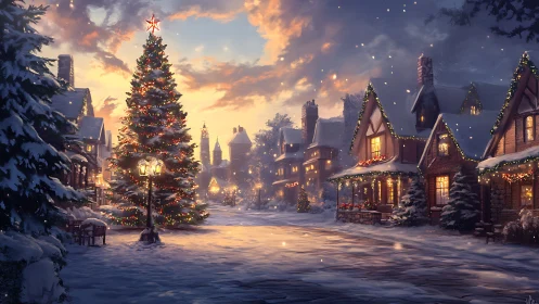 Snowy village street with large decorated Christmas tree.