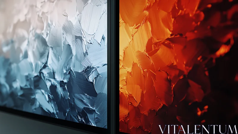 Dual textured impasto panels contrast cool blue and warm orange tones