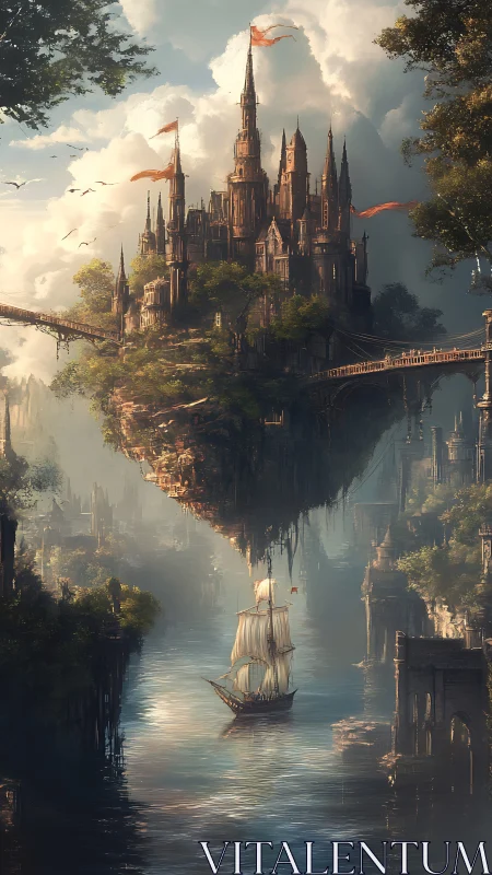 Vertical fantasy city on floating island above reflective river channel