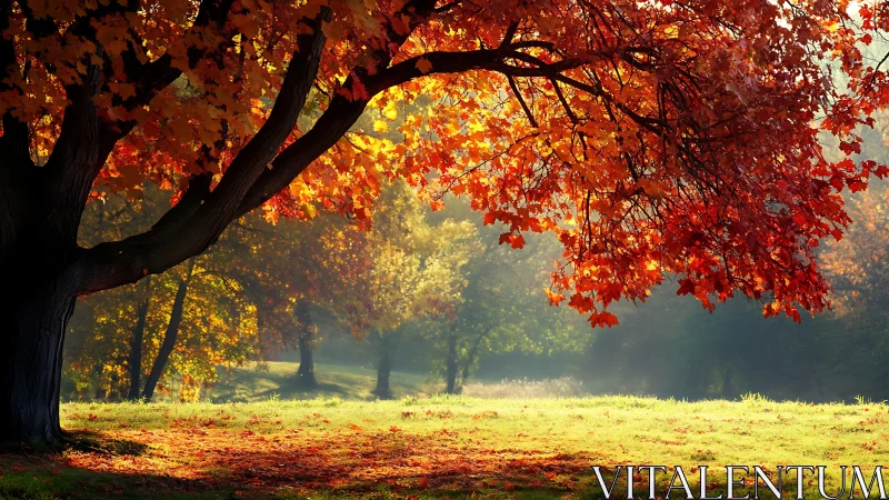 Autumn maple tree with sunlit red and gold foliage.