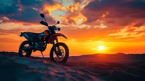 Sunset trail bike waiting quietly on glowing sand dunes.