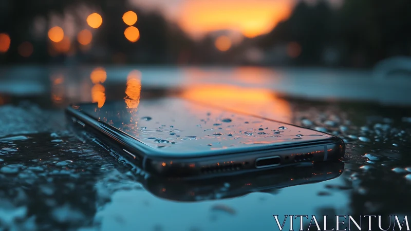 Smartphone with water droplets shot at sunset with bokeh lighting effects.