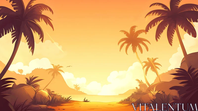 Tropical Sunset Beach Scene with Palm Trees and Golden Hour Lighting.