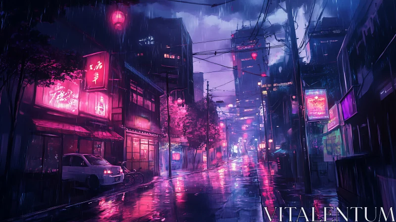 Cyberpunk neon alleyway in rain-soaked nocturnal streetscape.