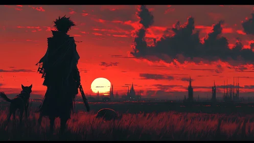 Silhouetted figure and dog observing red sci fi sunset.