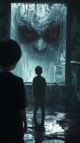 Child figures facing large spectral face at wet window.