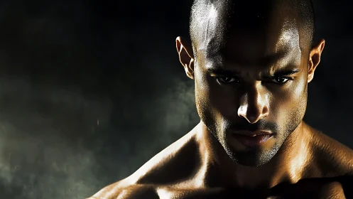 Low key muscular male portrait with dramatic rim lighting