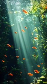 Sunlit goldfish drift through emerald cathedral waters.