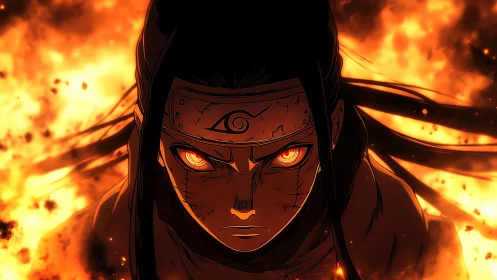 Fiery ninja warrior with glowing eyes amid raging inferno.