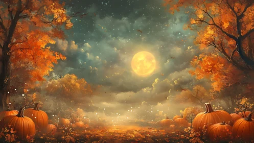 Lunar-illuminated pumpkin grove under atmospheric autumn sky.