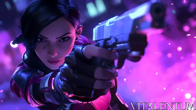 Cyber-noir agent aims pistol under neon bokeh lighting