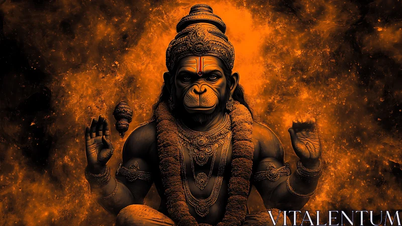 Monochrome Hanuman deity rendered against incandescent nebula