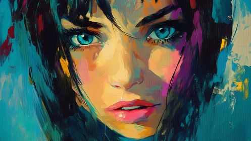 Intense blue eyed woman in vivid abstract portrait painting.