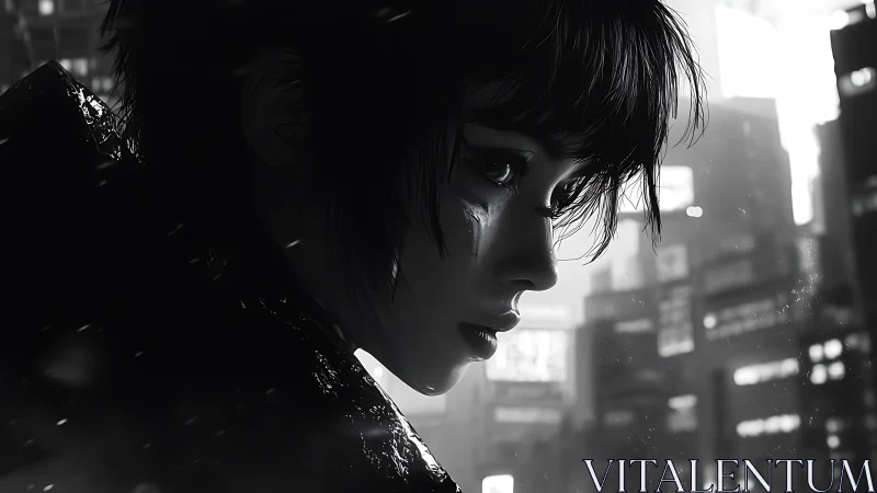 Cyberpunk woman gazes over neon city in rain-soaked night