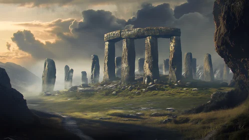 Ancient stone circle stands beneath storm laden twilight sky