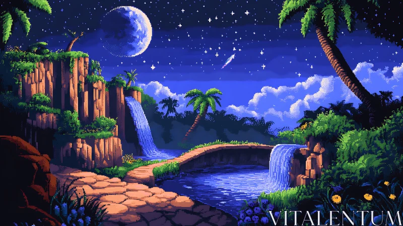 Moonlit pixel oasis with twin waterfalls and stone path.