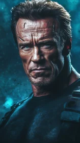 Photorealistic cyber-grit portrait with tactical framing.