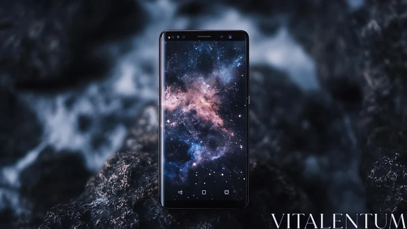 Modern Smartphone Displaying Nebula Cosmic Visualization with Dark Texture