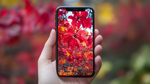 Vibrant Red Flowers Displayed on Modern Smartphone Screen.