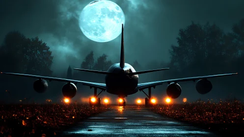 Passenger jet on wet runway aligned with full moon at night.